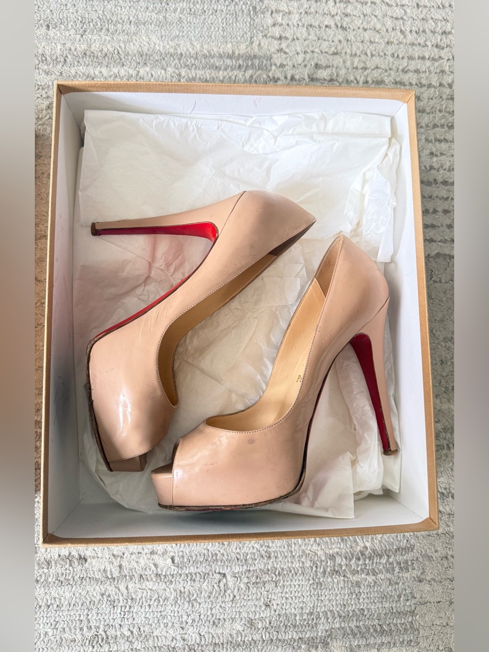 Christian Louboutin Nude Peep-Toe High Heel Stilettos 37.5